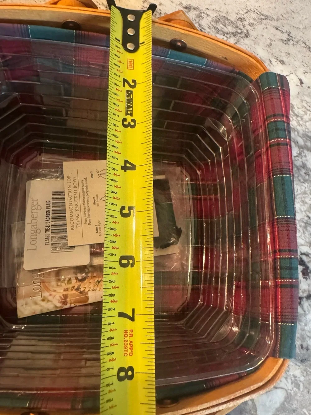 Longaberger Natural Brown Basket with Green Accent and Plaid Liner
